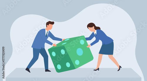 Business Team Tackling Uncertainty, teamwork in risk management, embracing business uncertainty, collaborative decision-making, metaphor for chance and probability, strategic push against odds