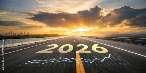 Hopeful road journey to business financial growth and success in future year 2026. strategic path forward with clear goal and vision toward bright economic horizon