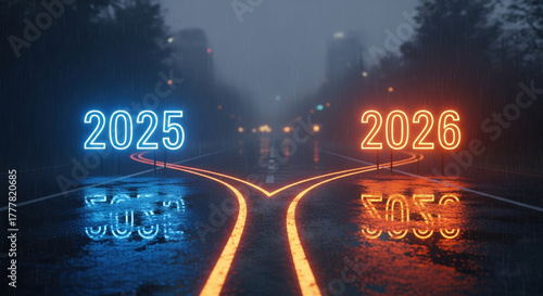 Wet road splitting into two paths choice between year 2025 and 2026 for new business direction and future financial planning showing difficult decision ahead