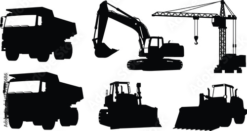 Construction vehicle silhouettes, dump truck, excavator, crane, bulldozer, front loader, heavy machinery icons, black vector, industrial equipment illustration