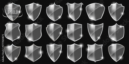 Set of shiny transparent glass shield, guard, badge, safety and protection symbol with light sparkle and holographic texture. Privacy banner shield icon or digital crypto currency security 3d button.