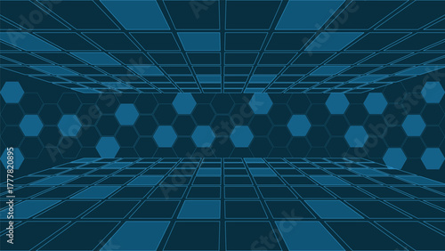 Abstract 3D background featuring blue hexagon shapes and geometric grid perspective, ideal for technology, innovation, science, research, and digital design themes