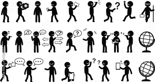 Black Silhouette Figures Engaged in Various Activities and Communication stick figure black and white