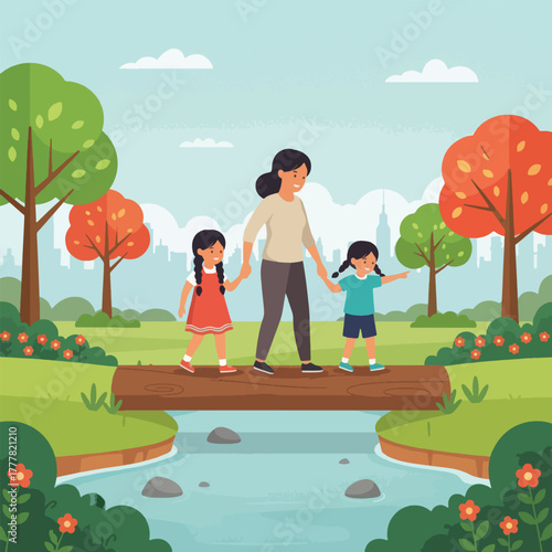 A mother and her two daughters are walking across a log bridge over a stream in a park.