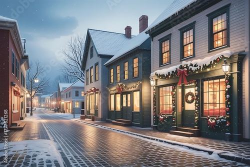 Fototapeta Naklejka Na Ścianę i Meble -  Snowy street in a small town decorated for christmas during the winter season