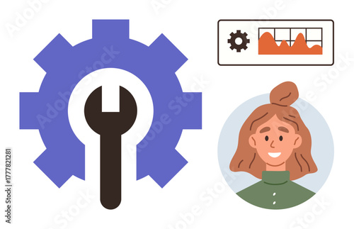 Gears and wrench symbolize technical operations, stats chart highlights data analysis, smiling woman suggests a human-centered approach. Ideal for teamwork, service, strategy, management