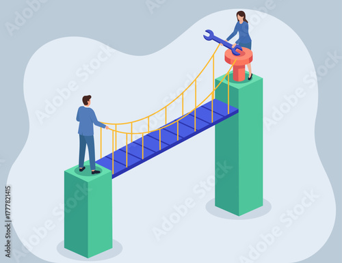 Bridging Gaps, Collaborative Construction, Teamwork in building connections, Overcoming obstacles through collaboration, Engineering solutions for unity, Height disparity symbolizing challenges,