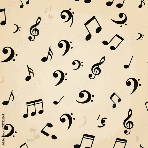 A repeating pattern of musical notes and clef symbols on a beige background, creating a decorative design.