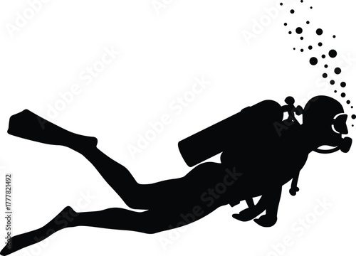 Black silhouette of a scuba diver swimming underwater with bubbles diving white