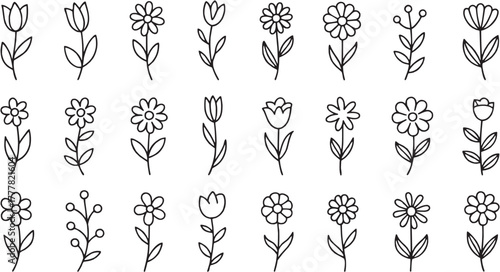 Floral line icon set – Minimal flower outline collection with simple leaves and petals. Vector illustration.