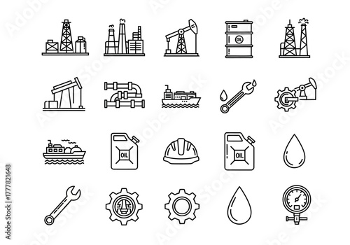 Oil and Gas Industry Vector Icon Set in Black Outline Style.