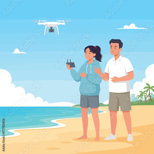 Couple flying a drone on a beach with palm trees and a city skyline in the background.