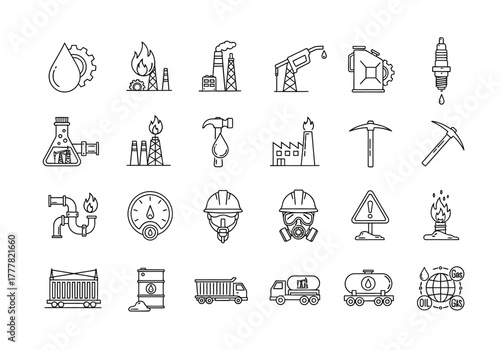 Oil and Gas Industry Outline Icons: Production Transportation and Safety Equipment.