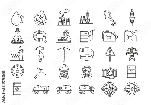 Collection of Black and White Line Art Icons Representing Oil and Gas Industry Elements.