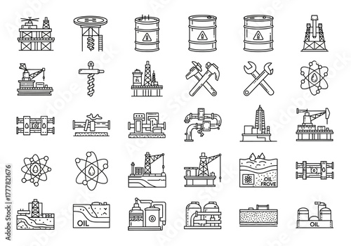 Oil and Gas Industry Outline Icon Set: Platforms Barrels Tools and Processing.
