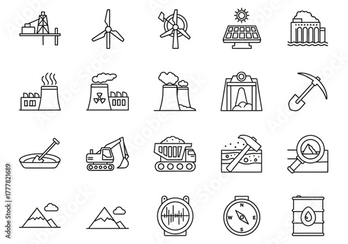 Collection of Black and White Line Art Icons Representing Industry and Resources.