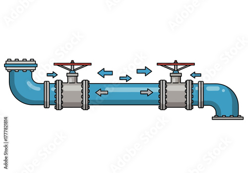 Blue Pipeline with Valves and Arrows Indicating Flow Direction.