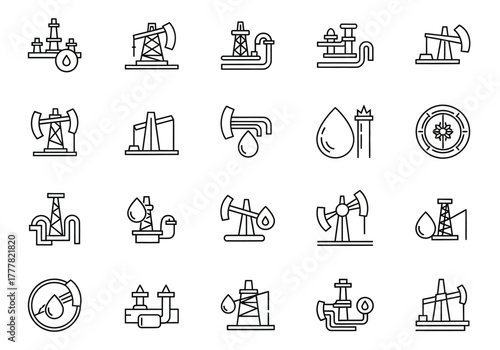 Collection of Oil Industry Icons in Outline Style Representing Extraction and Processing.