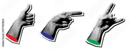 A set of isolated retro hand gestures in a halftone pop art style. This collection includes a thumbs up, a pointing finger, and a rock horns sign. Vector sticker illustrations.