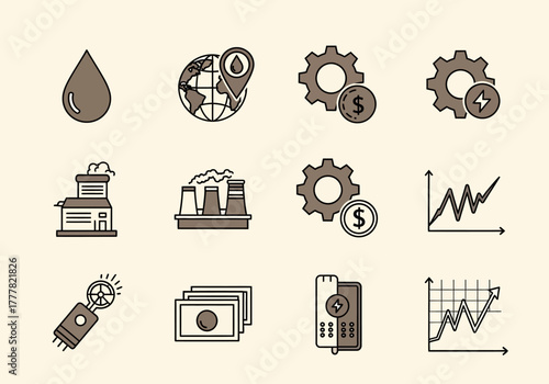 Energy and Industry Icon Set: Oil Factories Gears Graphs and Power.