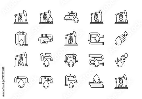 Oil Industry Icons: Pumpjacks Pipelines and Oil Drops in Line Art.