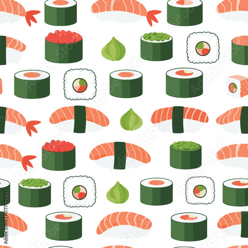 Seamless pattern with different types of Japanese sushi, rolls, and wasabi on a white background.