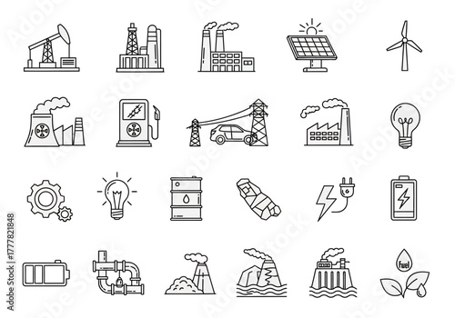 Energy and Industry Icons: Oil Gas Solar Wind and Power Generation.