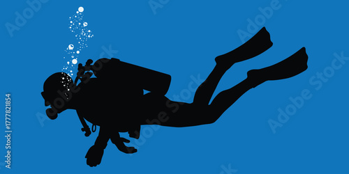Black silhouette of a scuba diver with bubbles underwater on blue background diving ocean