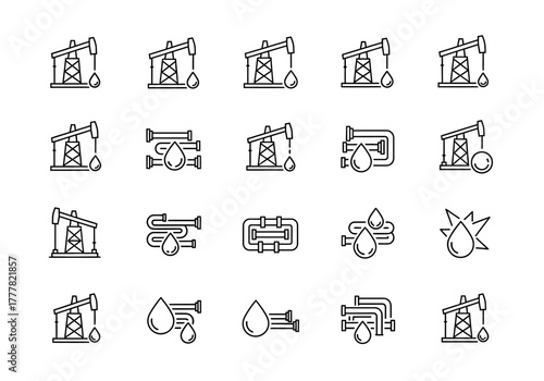 Oil Industry and Pipeline Icons Set in Black and White Outline Style.