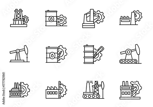 Oil and Gas Industry Icons Set in Black Outline Style.