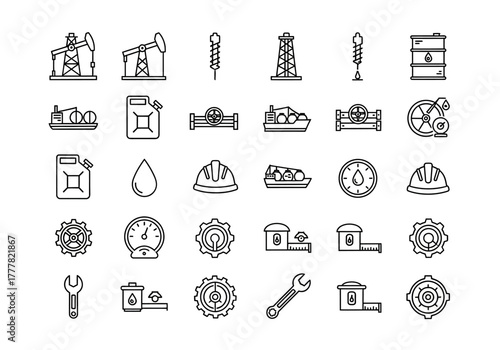 Oil and Gas Industry Outline Icons Set: Equipment Tools and Infrastructure.