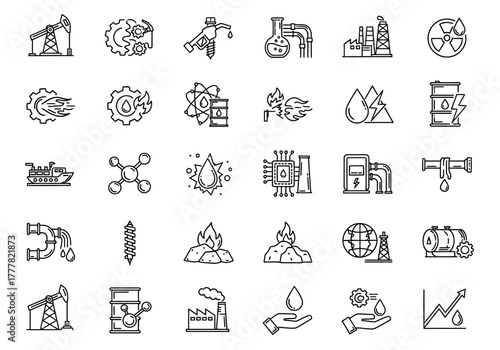 Collection of Black and White Line Art Icons Representing Energy and Industry.