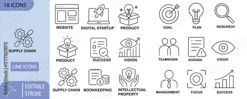 18 line icons for business strategy, planning, and growth concepts Keywords: icon, set, business
