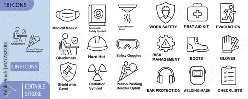 Collection of 18 line icons for safety and work-related concepts Keywords: icon, set, safety, work