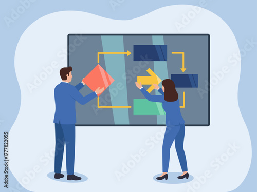 Business Team Collaborating on Flowchart Illustration, Teamwork, Process Mapping, Strategic Planning, Workflow Design, Collaborative Innovation