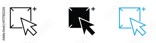 Clicking cursor and expanding square icon set, perfect for UI/UX design, indicating selection and enlargement of digital elements
