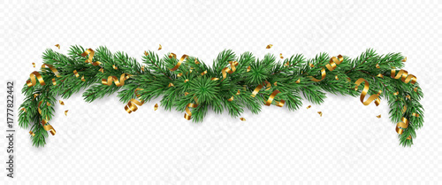 Vector realistic pine tree branches with golden confetti and ribbons isolated on a transparent background. Holiday Christmas tree seamless garland for winter decoration banner, poster, greeting card.