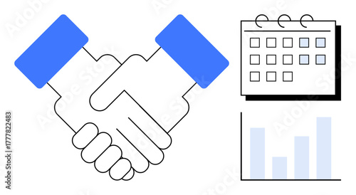 Handshake symbolizing partnership, calendar for scheduling, and bar chart illustrating growth. Ideal for business, teamwork, collaboration, planning, commitment, productivity mutual agreement