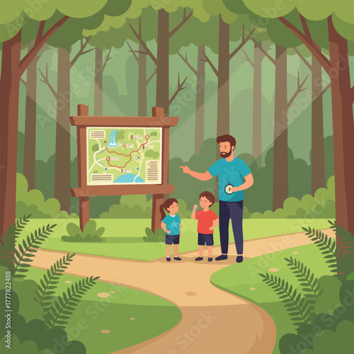 Father and two children studying a trail map on a wooden sign in a lush green forest, planning their hike.