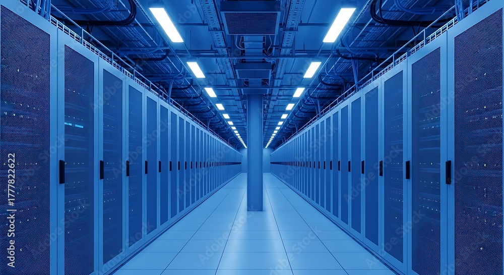 Obraz premium A long corridor with server racks in a data center, illuminated by white lights, creating a sense of technological advancement and connectivity