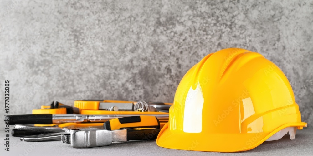 Fototapeta premium Construction safety hard hat and manual work tools