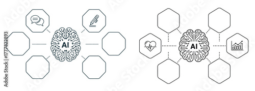 AI Applications and Use Cases Mind Map Concept. Artificial Intelligence Brain Connected to Communication, Content, Healthcare, and Data Analysis Fields Vector Illustrations.