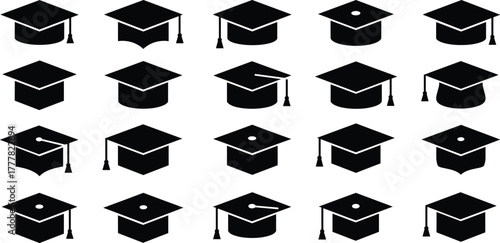 Collection of black graduation caps in isometric view on white background mortarboard academic cap