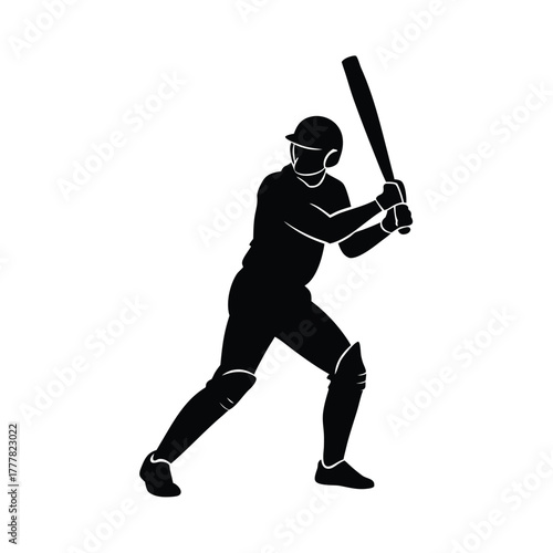 Silhouette of a Cricketer Batting on White Background
