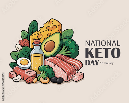 National Keto Day vector. High fat, low carb diet vector. Foods good for the ketogenic diet drawing. Healthy fat foods still life icon vector. January 5.