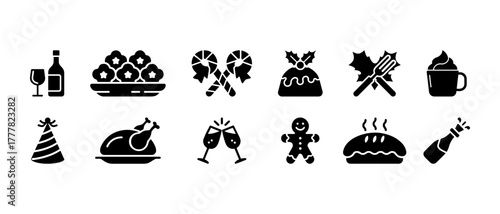 Christmas Food and Celebration vector icon set of festive food, party elements. Holiday dinner symbols as wine, champagne glasses, roast turkey, gingerbread man, pudding, candy canes, and party hat.