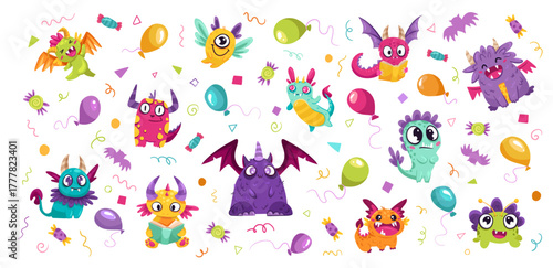 Cute Little Monsters set with different eyes, wings, horns. Cheerful happy face emotions. Children hand drawn vector illustration for baby shower party, room design and card templates