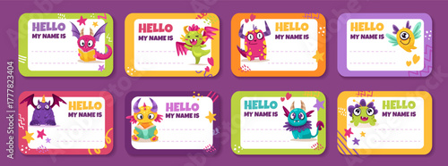 Name tag set for kids with funny cute monster characters and place for text. Vector illustration with colorful and clean design. Sticker frame with kind and playful aliens