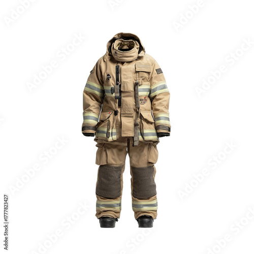 Png of front view of a tan firefighter turnout suit isolated on transparent background, providing full protection during emergencies