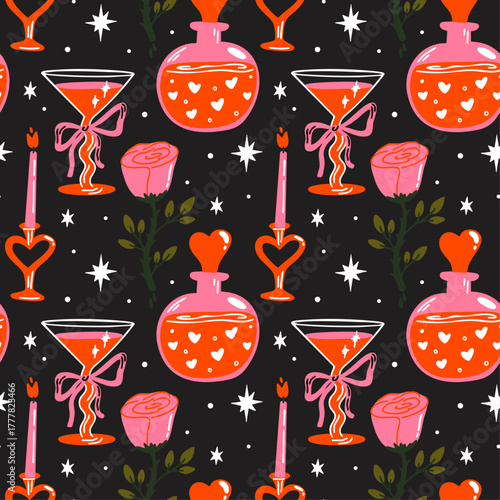 Saint Valentine's Day cute seamless vector pattern design with coquette witchy romantic cartoon illustration of heart, love potion, cocktail drink, rose flower, candle, 14 February date themed
